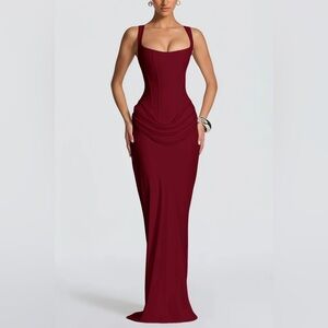 Paulette Red Ruched Corset Maxi Dress